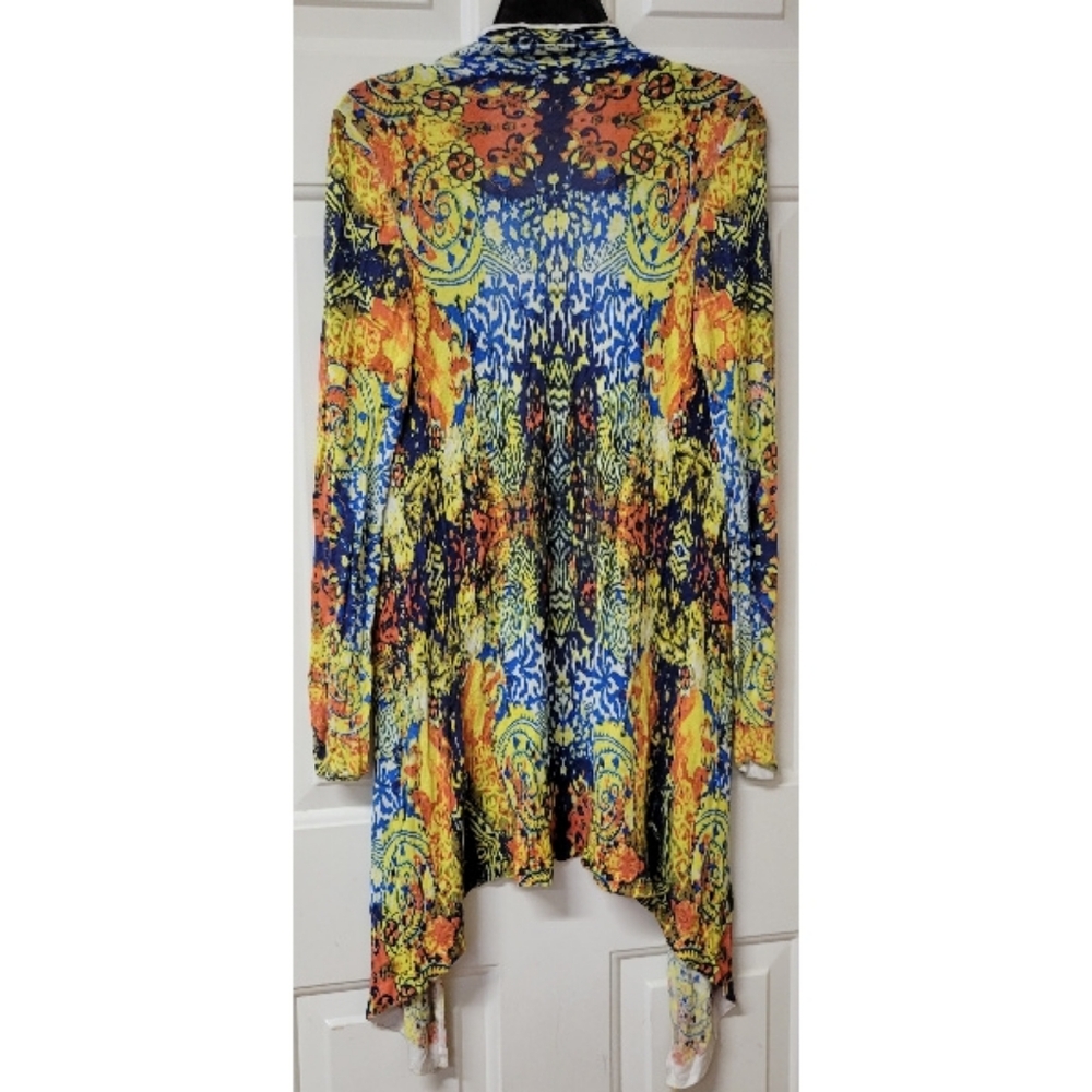 Focus 2000 Soft Lightweight Taper Kimono Cardigan Orange Blue Geometric Medium M